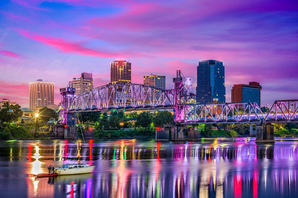 Little Rock, Arkansas, USA downtown skyline on the Arkansas River_